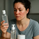 Žena skúma fľašu s kozmetickým prípravkom, diskutuje o alkohole denat.