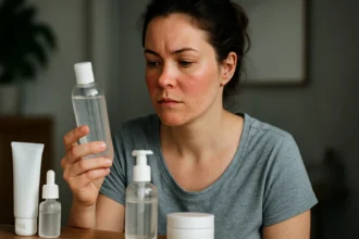 Žena skúma fľašu s kozmetickým prípravkom, diskutuje o alkohole denat.