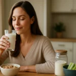 Žena s pohárom mlieka a misou cereálií v kuchyni.