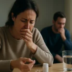 Žena s vedľajšími účinkami metakvalonu, smutná a znepokojená.