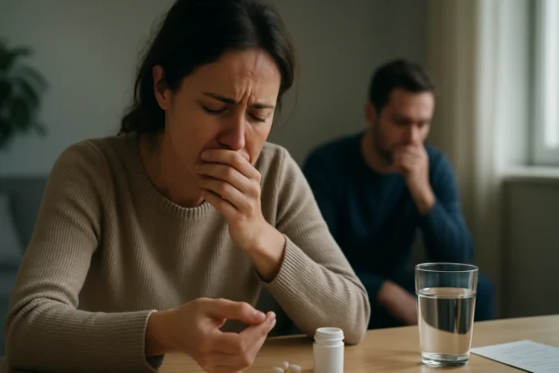 Žena s vedľajšími účinkami metakvalonu, smutná a znepokojená.