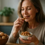 Žena si vychutnáva orechy zo misa v kuchyni