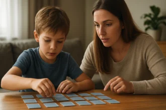 Matka a syn hrajú pamäťovú hru na rozvoj kognitívnych schopností.