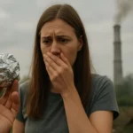 Žena vystrašená z hliníkovej fólie v znečistenom prostredí