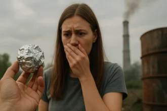 Žena vystrašená z hliníkovej fólie v znečistenom prostredí