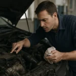 Muž kontroluje benzínový motor auta s dôrazom na údržbu.