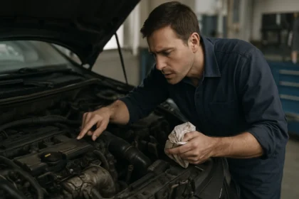 Muž kontroluje benzínový motor auta s dôrazom na údržbu.