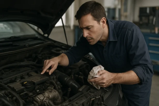 Muž kontroluje benzínový motor auta s dôrazom na údržbu.