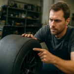 Mechanik skúma pretekársku pneumatiku na závodnom automobile