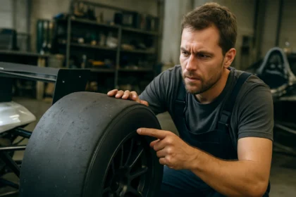 Mechanik skúma pretekársku pneumatiku na závodnom automobile