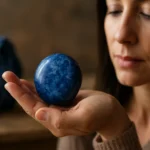 Žena drží modrý dumortierit, minerál s upokojujúcou energiou.