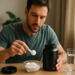 Muž s taurínovým práškom a vodou, skúma jeho zdravotné výhody.