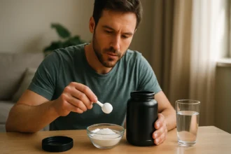 Muž s taurínovým práškom a vodou, skúma jeho zdravotné výhody.