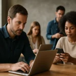 Skupina mladých ľudí pracuje na pripojených zariadeniach v modernom prostredí.