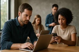 Skupina mladých ľudí pracuje na pripojených zariadeniach v modernom prostredí.