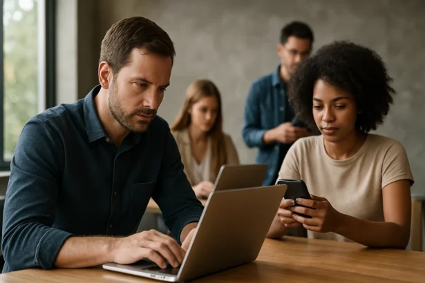 Skupina mladých ľudí pracuje na pripojených zariadeniach v modernom prostredí.