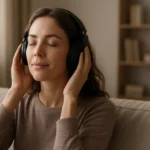 Žena s slúchadlami užíva liečivú moc hudby pre vnútorný pokoj.