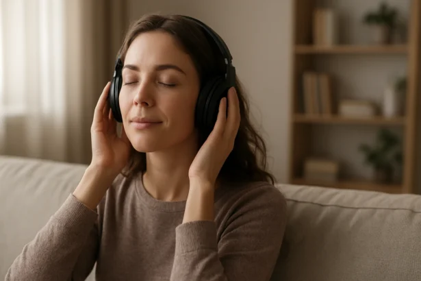 Žena s slúchadlami užíva liečivú moc hudby pre vnútorný pokoj.