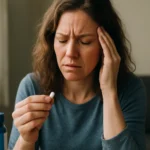 Žena s bolesťou hlavy drží tabletu Advilu na úľavu.