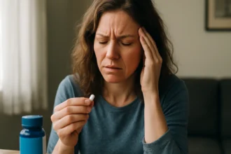 Žena s bolesťou hlavy drží tabletu Advilu na úľavu.