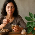 Žena užíva ashwagandhu v podobe čaju a koreňa na zníženie stresu.