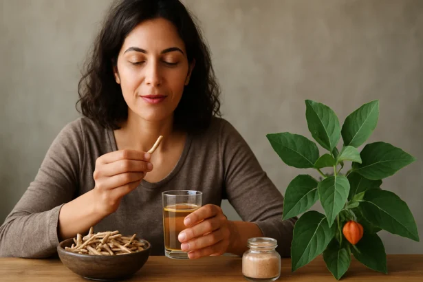 Žena užíva ashwagandhu v podobe čaju a koreňa na zníženie stresu.