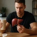 Muž zvažuje účinky proteínového prášku na zdravie pečene.