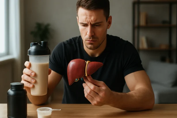 Muž zvažuje účinky proteínového prášku na zdravie pečene.