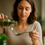 Žena nalieva mätový sirup do lyžice pre zdravé použitie