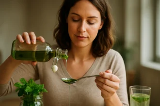 Žena nalieva mätový sirup do lyžice pre zdravé použitie