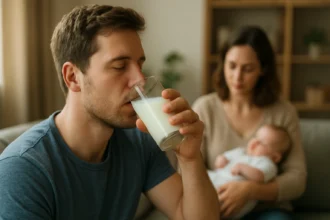 Muž degustuje materské mlieko v domácom prostredí.