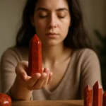 Žena drží červený jaspis, symbolizujúci energiu a duchovnú rovnováhu