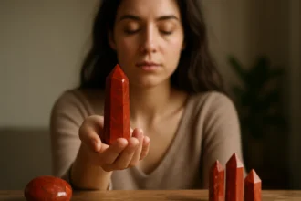 Žena drží červený jaspis, symbolizujúci energiu a duchovnú rovnováhu