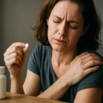 Žena drží tabletku ibuprofénu, vyzerá trápená bolesťou v ramene.