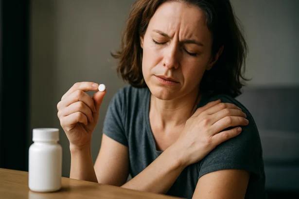 Žena drží tabletku ibuprofénu, vyzerá trápená bolesťou v ramene.