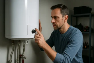 Muž nastavuje prietokový elektrický ohrievač vody.