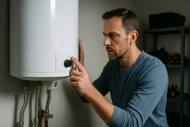 Muž nastavuje prietokový elektrický ohrievač vody.