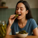 Žena si vychutnáva kyslé uhorky pri stole.