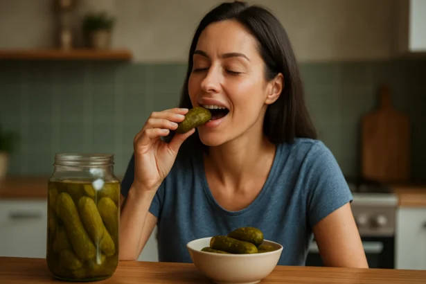 Žena si vychutnáva kyslé uhorky pri stole.