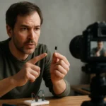 Muž vysvetľuje tranzistory pri natáčaní videa o elektronike.