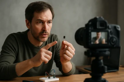 Muž vysvetľuje tranzistory pri natáčaní videa o elektronike.