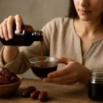 Žena nalieva datľový sirup z fľaše do misky