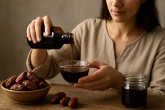 Žena nalieva datľový sirup z fľaše do misky