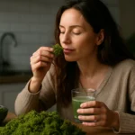 Žena vychutnávajúca si islandský mach a zdravý nápoj v domácom prostredí.