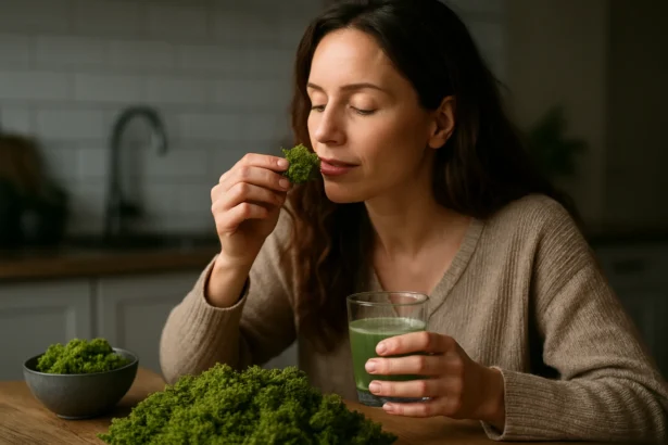 Žena vychutnávajúca si islandský mach a zdravý nápoj v domácom prostredí.
