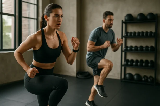 Dvojica cvičiacich ľudí na Tabata tréningu v posilňovni