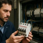 Elektrikár kontroluje 3-fázové FI relé v priemyselných aplikáciách.