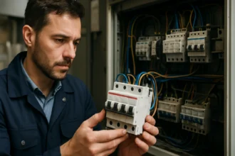 Elektrikár kontroluje 3-fázové FI relé v priemyselných aplikáciách.