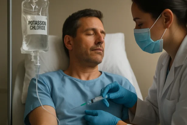 Lekár podáva draslíkové injekcie pacientovi na nemocničnom lôžku.