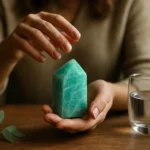 Žena drží amazonitový kameň v ruke s pohárom vody po boku
